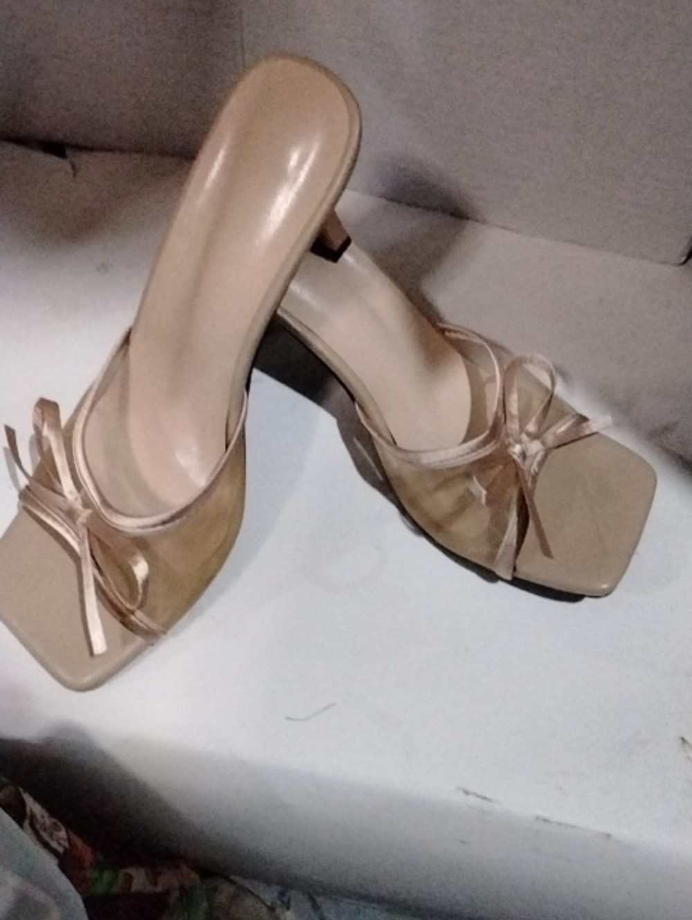 Beige Bow-Detail Mid Heel Mules for Women